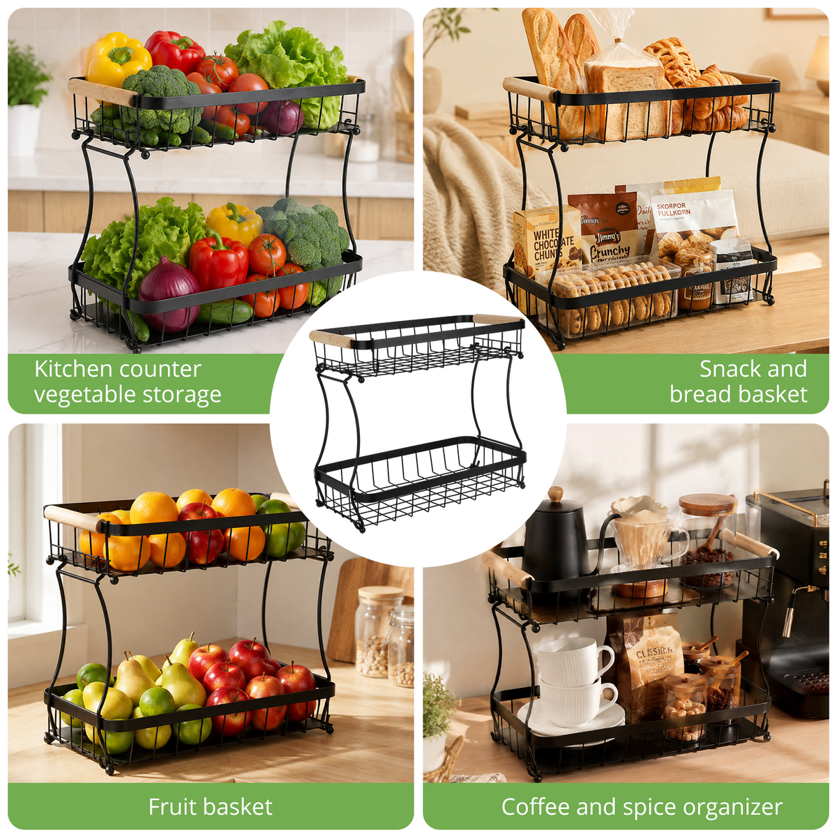 2 Tier Large Fruit Basket for Kitchen Counter with 2 Mobile Banana Hangers, TAIMASI Detachable Metal Fruit Bowl with Wooden Handle, Fruit Holder for Bread Snack Veggies with Protective Mats