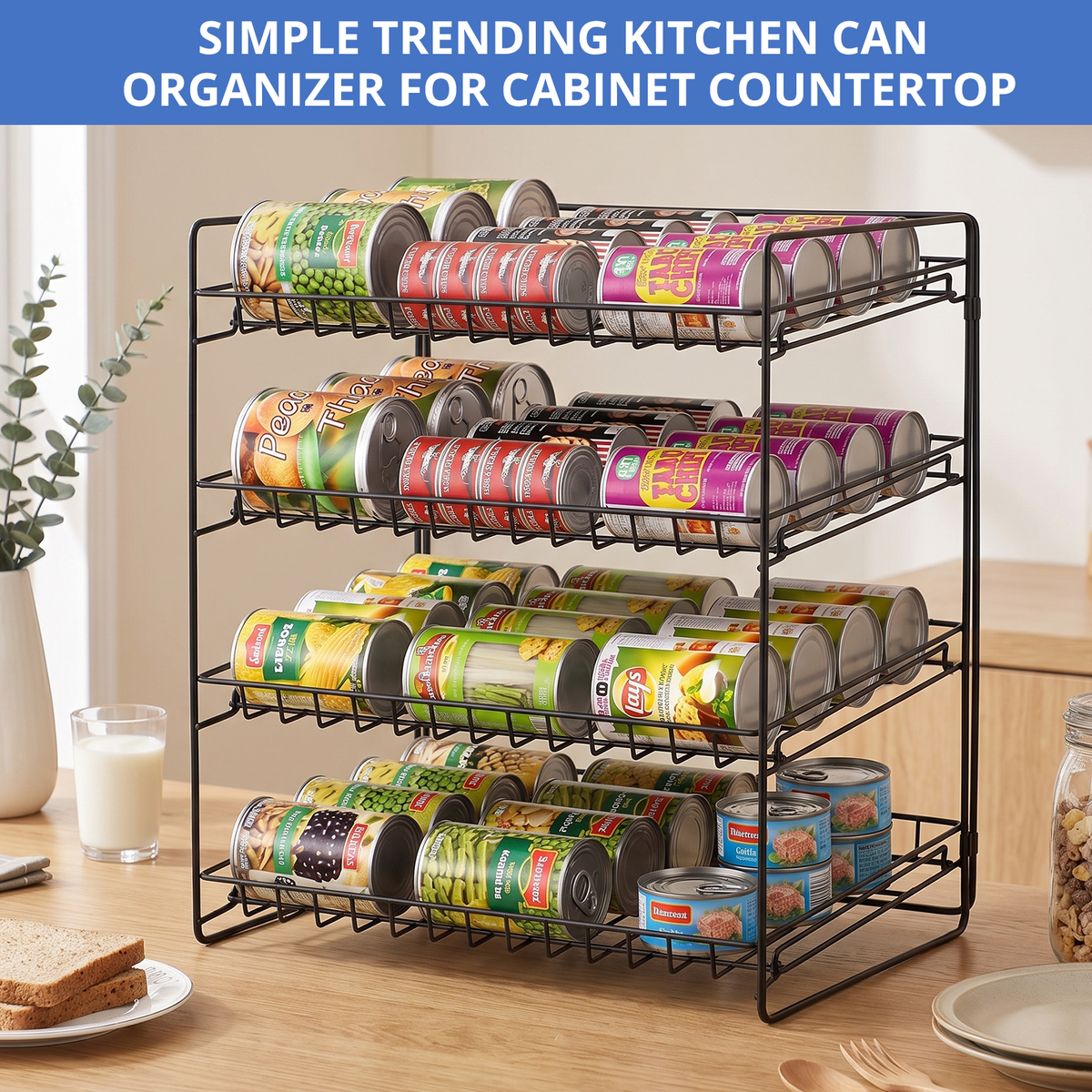 4 Tier Stackable Can Organizer, TAIMASI Stainless Steel Kitchen Cabinet Pantry Organization Food Storage Dispenser Holds Up to 48 Cans,Black
