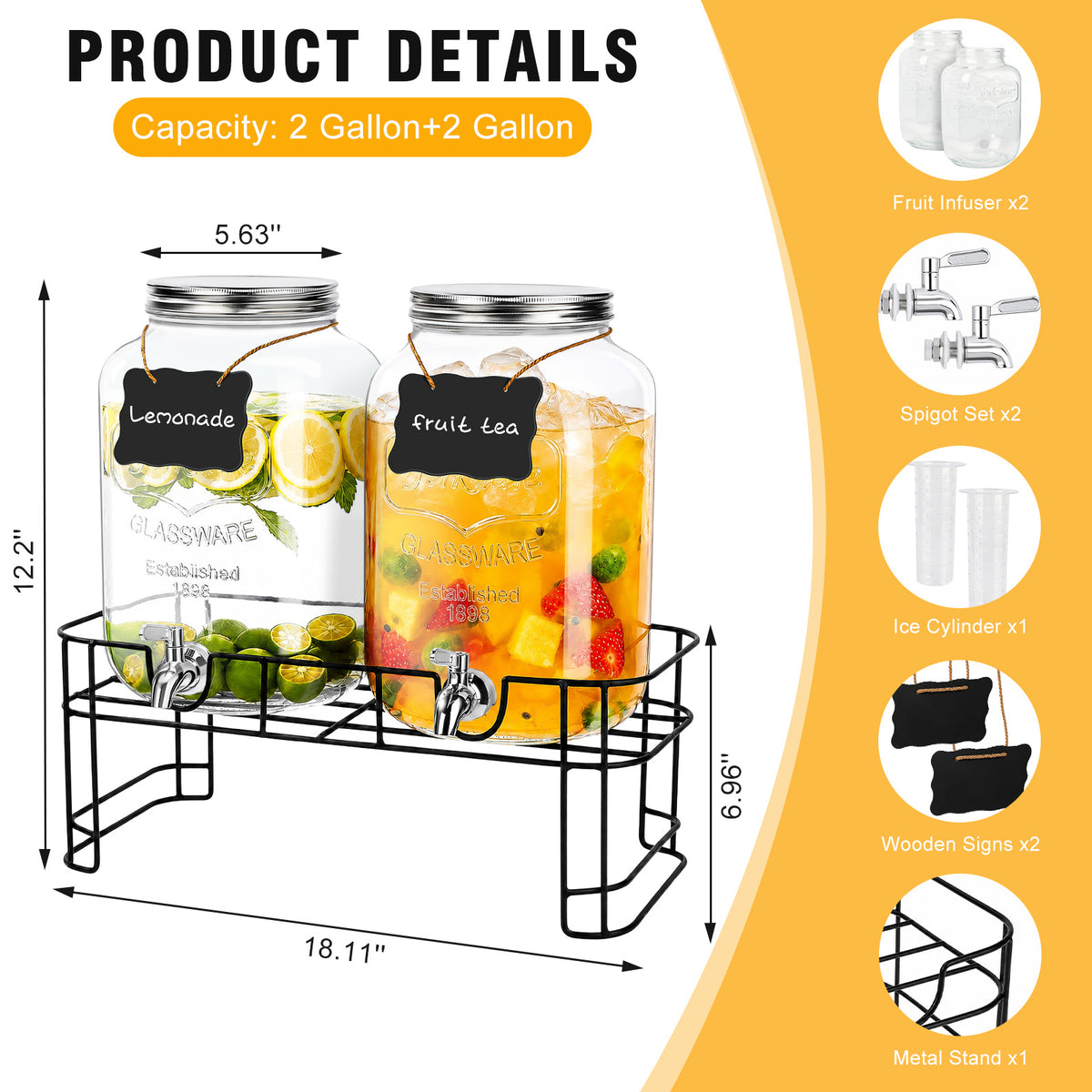 2 Gallon Drink Dispensers, TAIMASI 2 Pack Glass Beverage Dispenser with Stand & Stainless Steel Spigot for Parties, Lemonade Dispenser for Sun Tea, Picnic