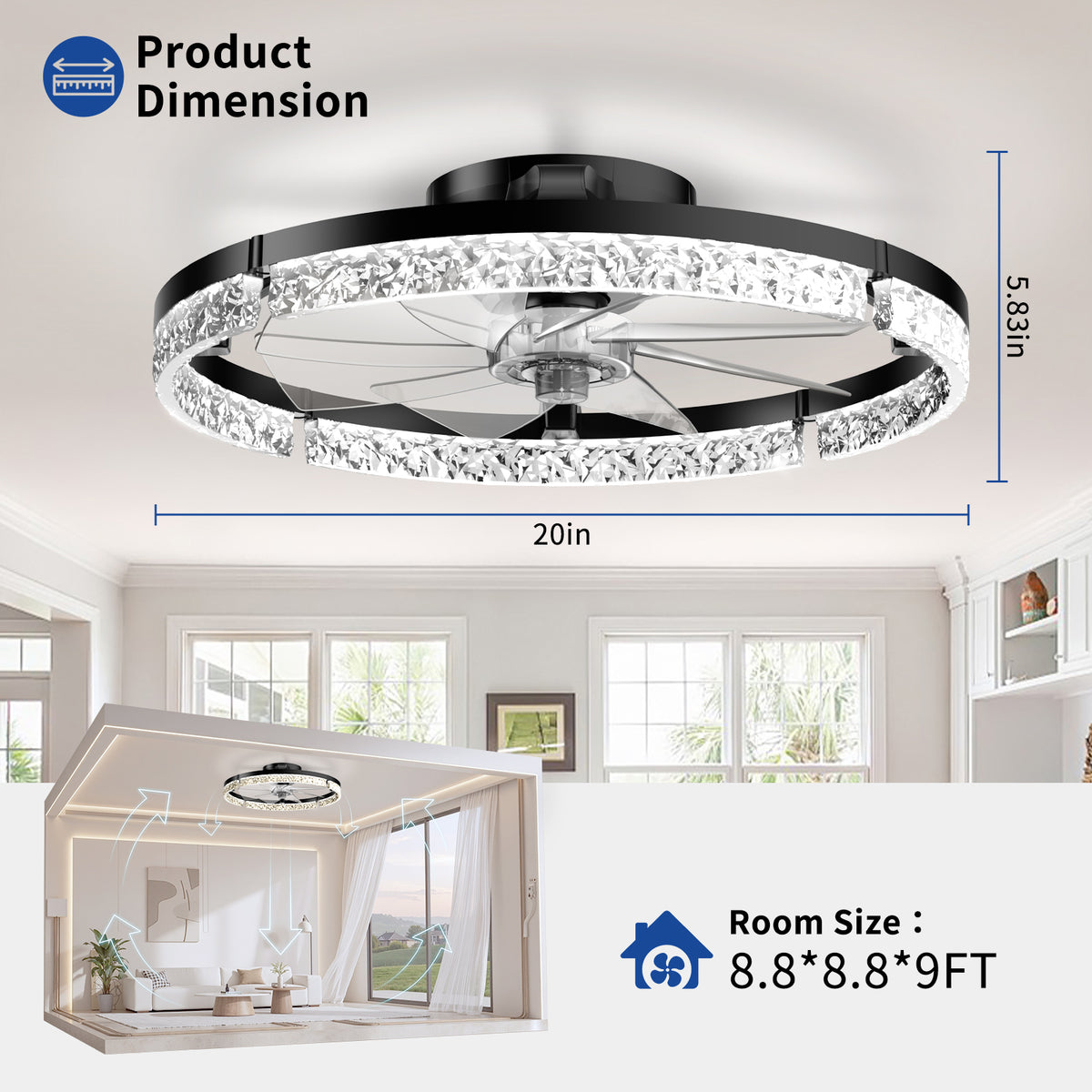 Ceiling Fans with Lights and Remote, 20'' Low Profile Ceiling Fans, 3000-6000K Dimmable Modern Flush Mount LED Fan Light