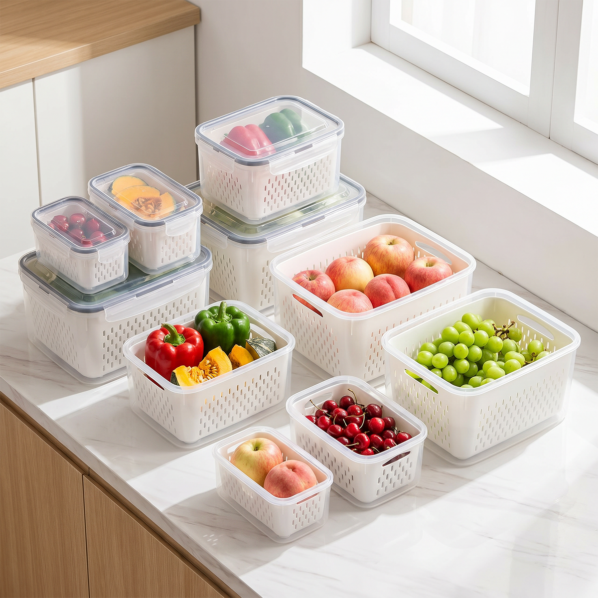 10 Pack Fruit Storage Containers for Fridge with Colanders, Leakproof Produce Saver Containers with Lids, BPA-Free Refrigerator Organizer for Fruits, Vegetables, Berries, Meat & Meal Prep