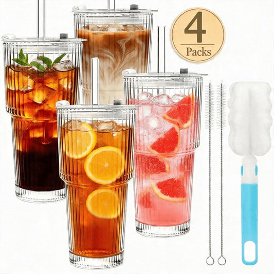 4 Packs Glass Cup with Lids and Straws, TAIMASI Ribbed 20oz Leak Proof Iced Coffee Tumbler Set with Brush ,Iced Coffee, Smoothies, Cocktails, Juice