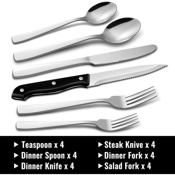 AOKIWO 24PCS Silverware Set with Steak Knives, Stainless Steel Mirror Polished Forks Spoons Flatware