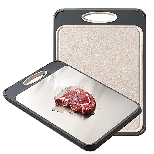 Cutting Board Double Sided, AOKIWO 304 Stainless Steel Cutting Board for Kitchen, Large Size 16'' ×11'' Non Toxic Chopping Board, Food-Grade, Stainless Steel and Wheat Straw PP