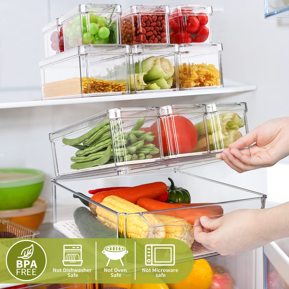 10 Pack Refrigerator Pantry Organizer Bins, Stackable Fridge Bins with Lids, Clear Plastic for Kitchen