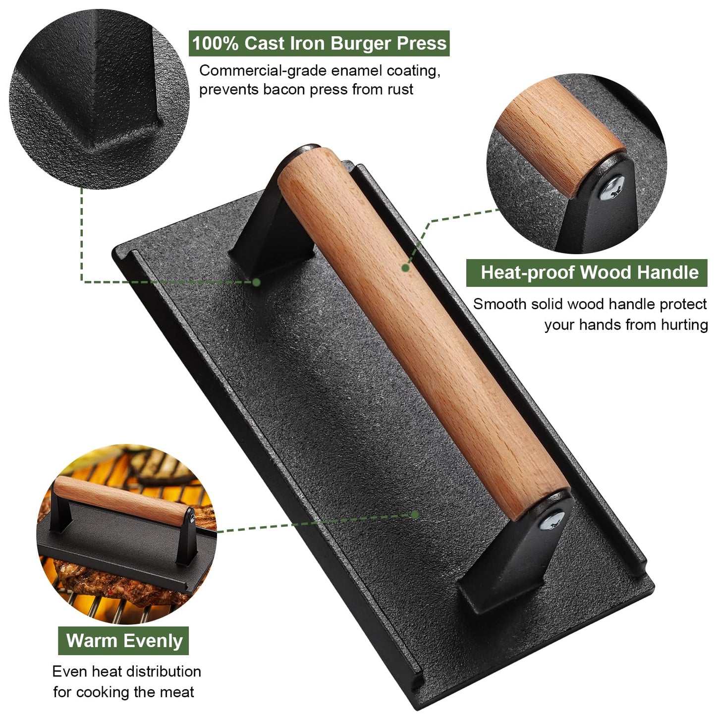 Burger Press, 7" Round & 8.2"X4.3" Rectangle Heavy-Duty Cast Iron Smash Bacon Press Meat Steak with Wood Handle for Blackstone Camp Chef Griddle Grills (Round & Rectangle)
