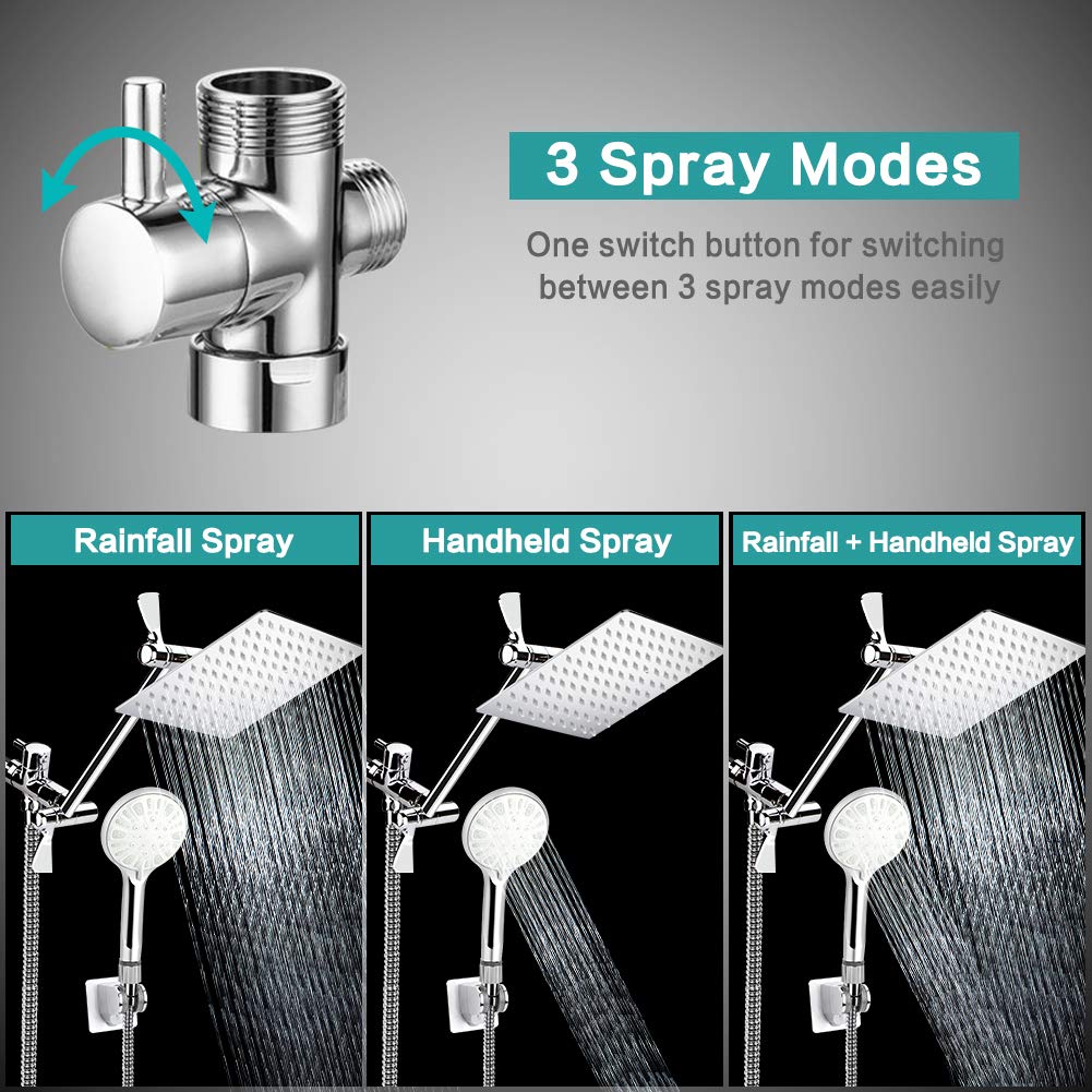 Shower Head, 8'' High Pressure Rainfall/Handheld Shower Combo with 11'' Extension Arm, 9 Settings, Anti-leak Shower Head with Holder, Height/Angle Adjustable, Chrome, Matte Black