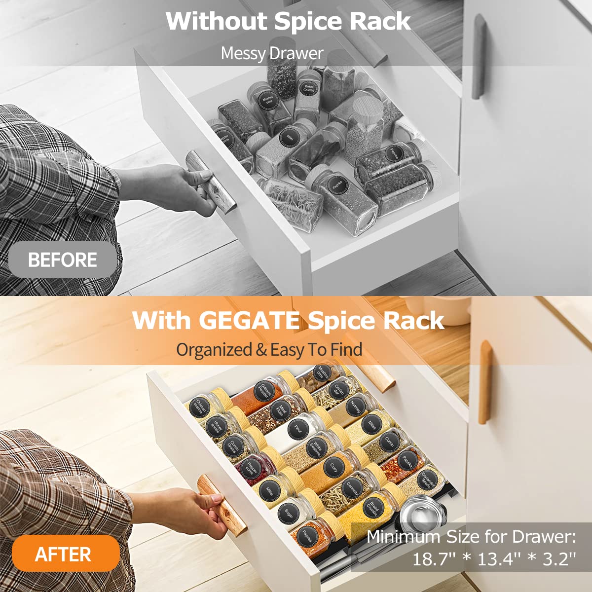 Glass Spice Drawer Organizer with 28 Spice Jars, 386 Labels, Marker & Funnel, 4 Tier Heavy Gauge Steel Seasoning Organizer Tray for Kitchen Drawer, Cabinets, Countertop,13.4" Wide x 18.7" Deep