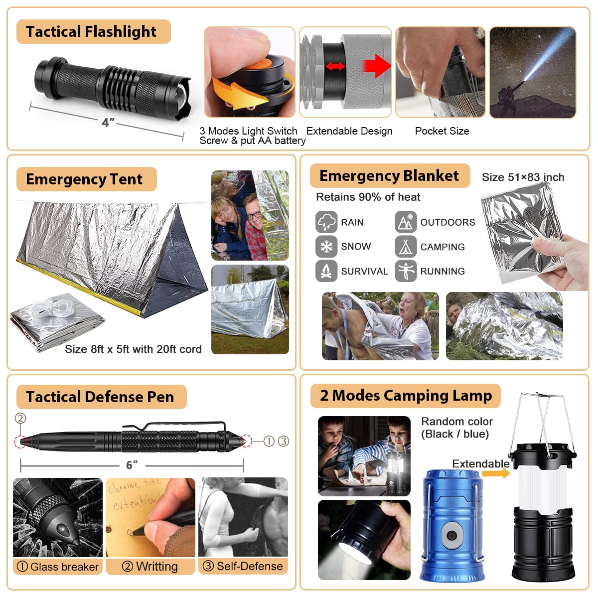 Kaqinu Survival Kit, 250 Pieces Professional Survival Gear with Molle System Compatible Bag and Emergency Tent, Great Christmas Gift for Men Dad Husband Who Loves Camping Outdoor Adventures