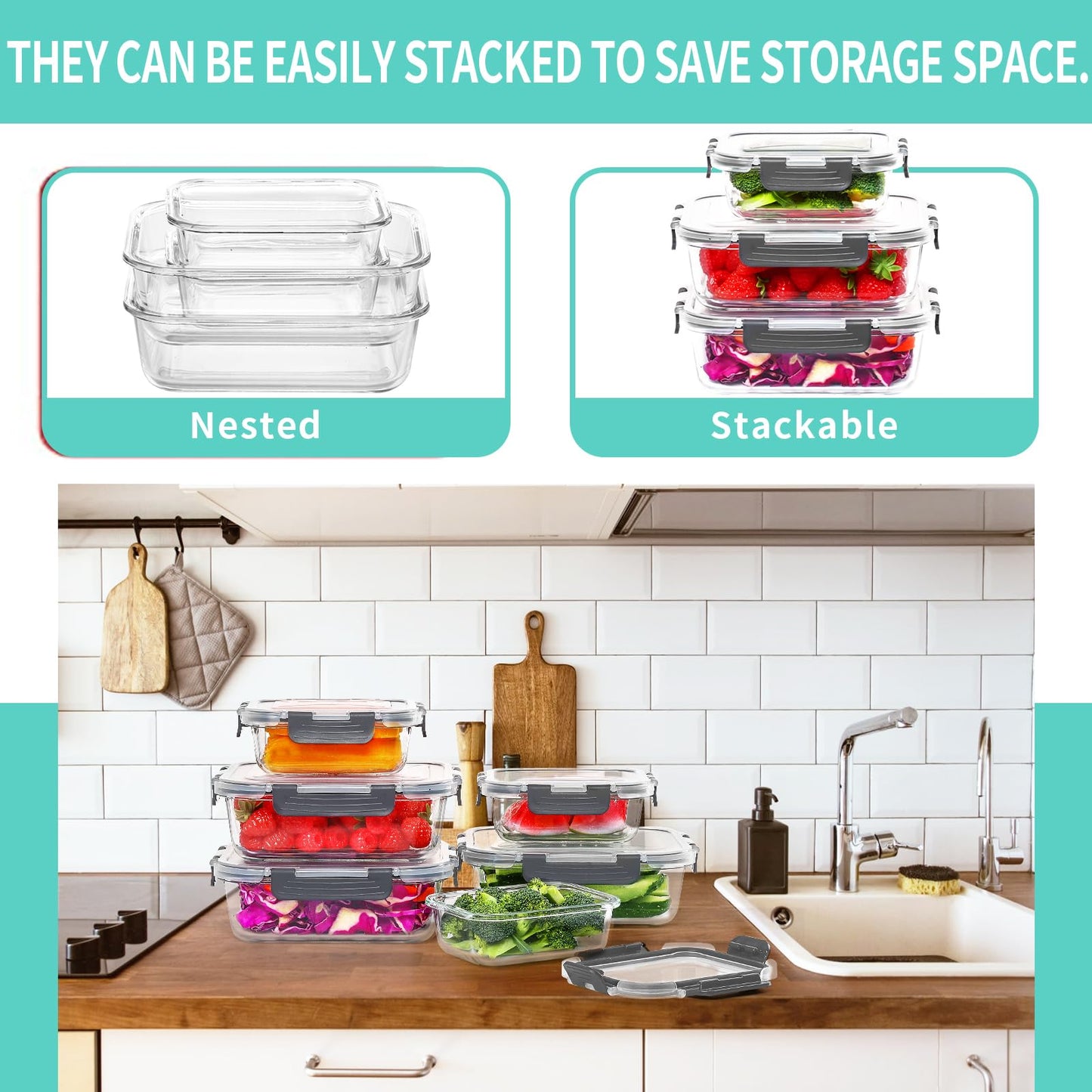 30 Pcs Glass Food Storage Containers with Lids, Glass Airtight Meal Prep Container Set for Lunch, Kitchen Pantry Organizers and Storage, Leak Proof