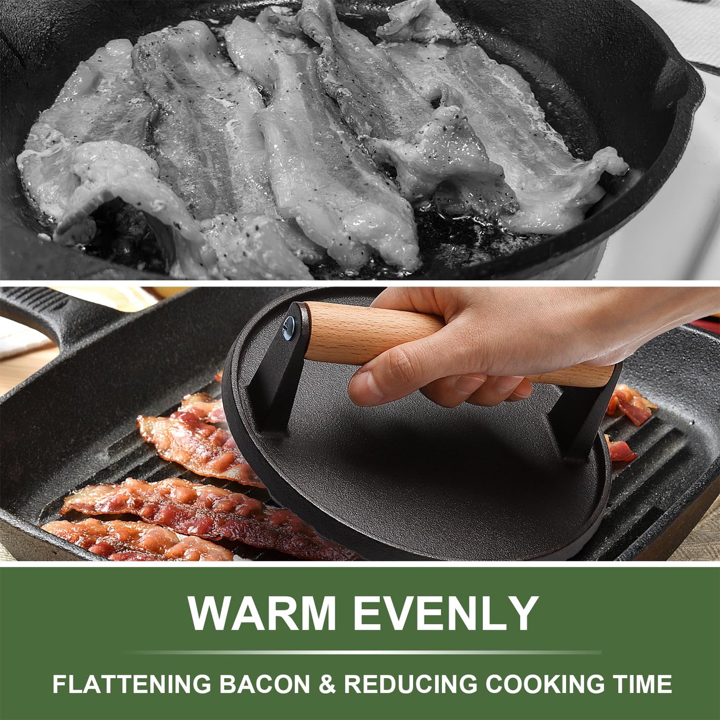 Burger Press, 7" Round & 8.2"X4.3" Rectangle Heavy-Duty Cast Iron Smash Bacon Press Meat Steak with Wood Handle for Blackstone Camp Chef Griddle Grills (Round & Rectangle)