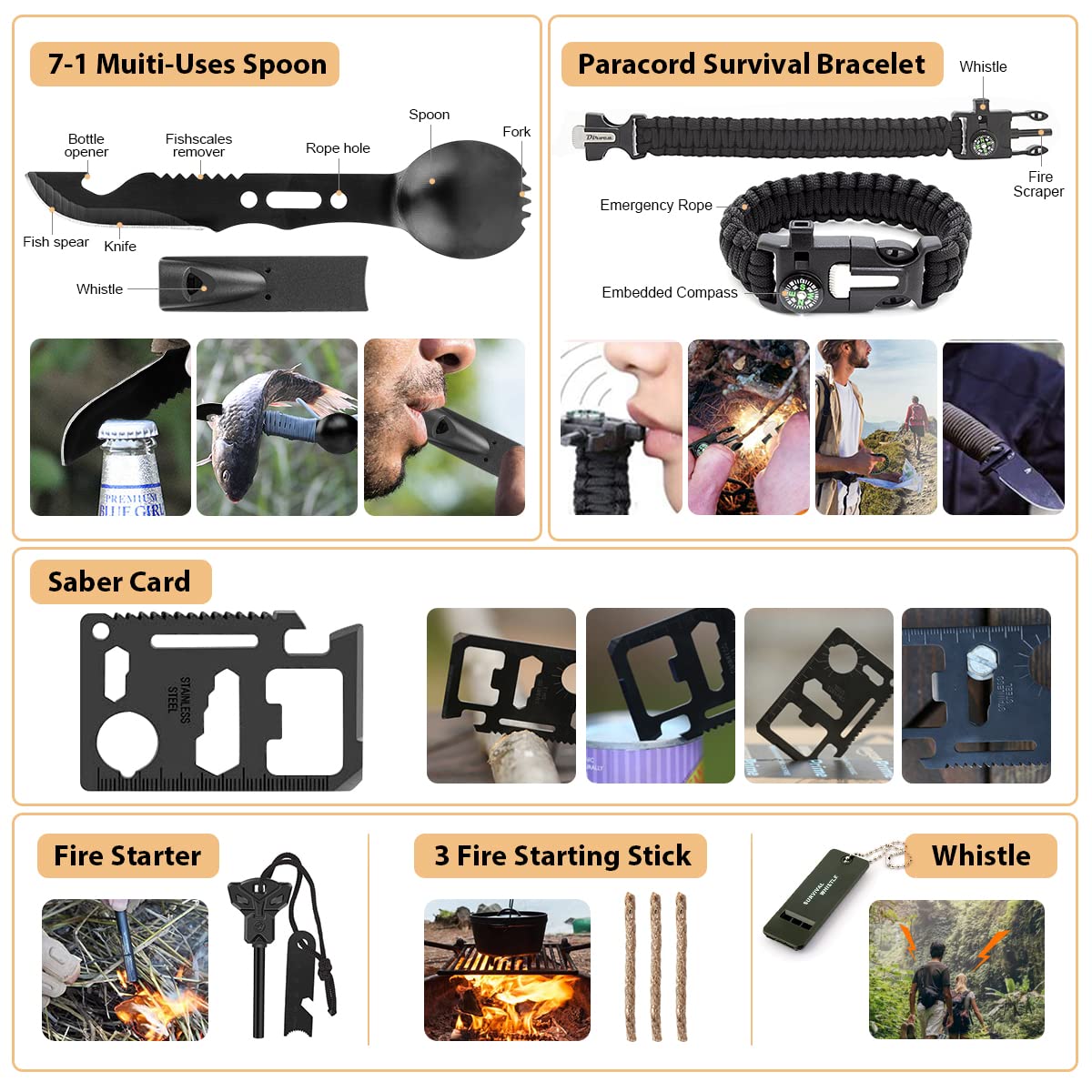 Kaqinu Survival Kit, 250 Pieces Professional Survival Gear with Molle System Compatible Bag and Emergency Tent, Great Christmas Gift for Men Dad Husband Who Loves Camping Outdoor Adventures