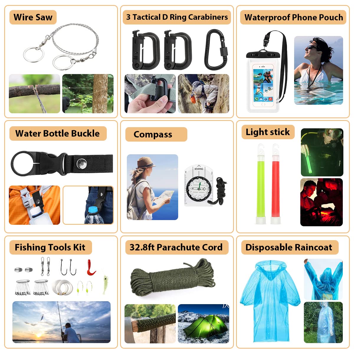 Kaqinu Survival Kit, 250 Pieces Professional Survival Gear with Molle System Compatible Bag and Emergency Tent, Great Christmas Gift for Men Dad Husband Who Loves Camping Outdoor Adventures