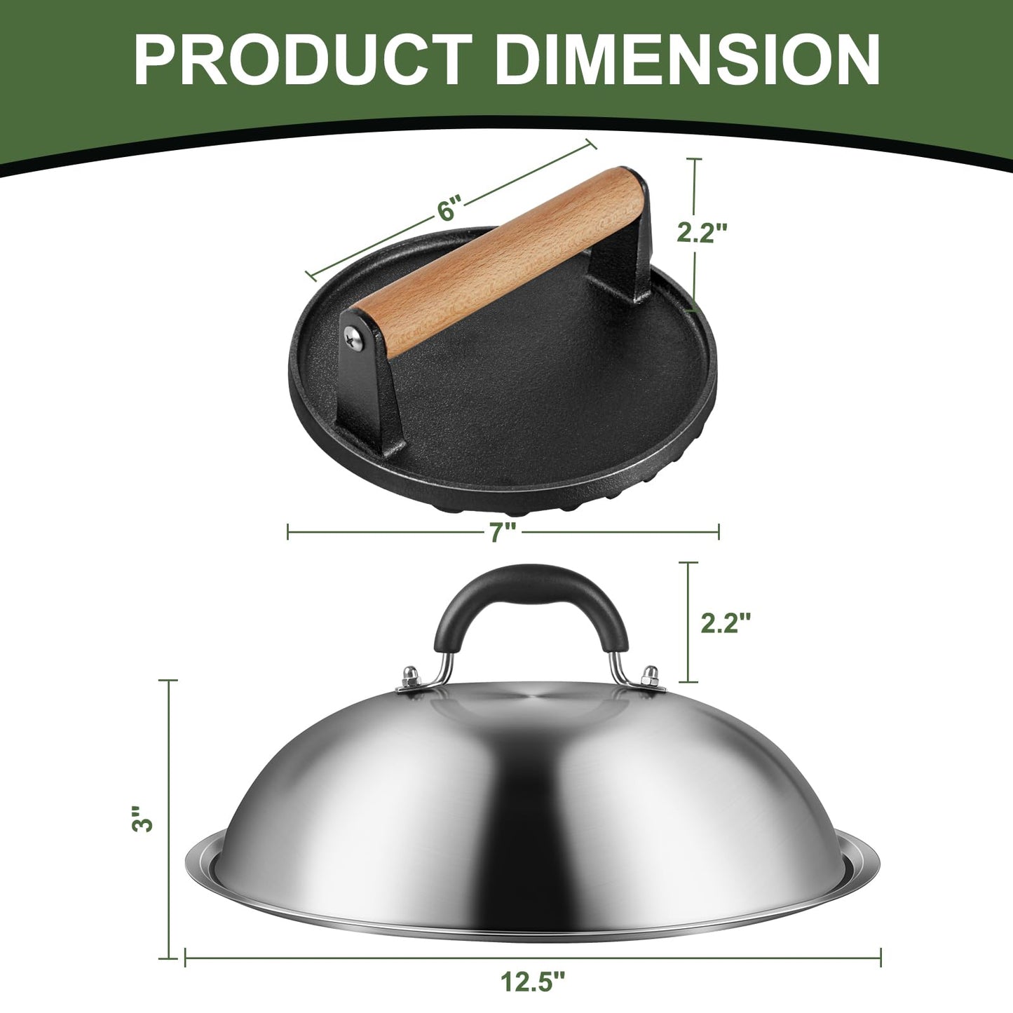 2 Set Griddle Accessories for Blackstone, 12 Inch Heavy Duty Round Melting Dome with 7" Round Cast Iron Grill Burger Bacon Press, Perfect for Blackstone Camp Chef Flat Top Griddle Grill