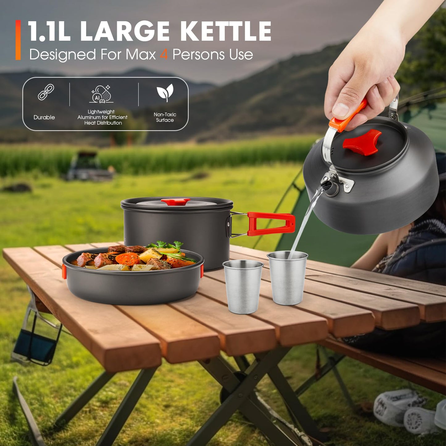 16pcs Camping Cookware Mess Kit, Non-Stick Lightweight Pot Pan Kettle Set with Stainless Steel Cups Plates Forks Knives Spoons for Camping, Outdoor Cooking and Picnic